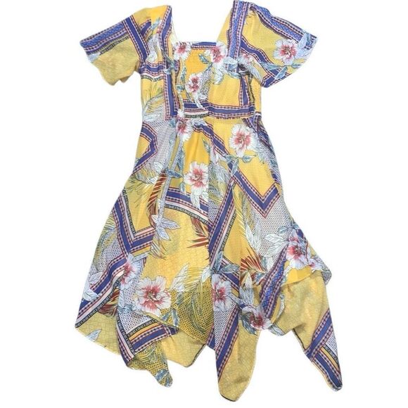 Rabbit Rabbit Rabbit Womens 12 Midi Dress Yellow Blue Smocked‎ Bodice Hanky Hem - Picture 2 of 8